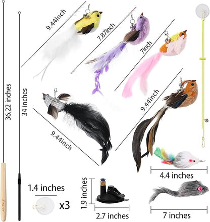Soarer 3-in-1 Flying Bird Cat Toys - 7Pcs Wooden Cats Wand Toy Fishing Pole Cat Bird Toys Replacements,Interactive Enhanced Suction Cup and Door Hanging Cat String Toys for Indoor Kitten