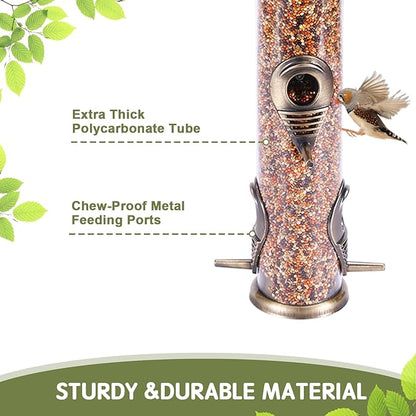 MIXXIDEA Metal Wild Bird Feeder, Squirrel Proof for Outside, Hanging 6 Port Tube Transparent Finch Feeder for Attracting Birds in Lawn, Garden, Balcony - Bronze