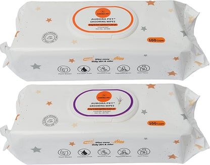 Aurora Pet Wipes – 100% Natural, Plant-Based Hypoallergenic Grooming Wipes for Dogs & Cats – Extra-Durable, Large & Thick for Effortless Cleaning (Combo, 200 Count)