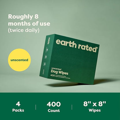 Earth Rated Pet Grooming Wipes for Dogs and Cats, Hypoallergenic, Cleaning and Hydrating, for Paws, Body and Butt, Unscented, 400 Count