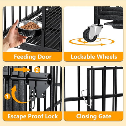 42 Inch Metal Dog Crate for Large Dogs,Heavy Duty Dog Cage Kennel Indoor with Divider Panel, Lockable Wheels, Indestructible Drop Cages for Dogs with Removable Tray, Escape Proof Locks