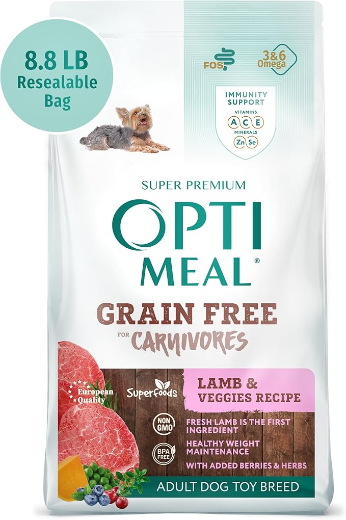 Optimeal Toy Breed Dry Dog Food  Grain Free Small Kibble for Small Dogs, High Protein, Natural Ingredients, Skin & Digestive Support, Premium Nutrition  Lamb & Veggies, 8.8 lbs