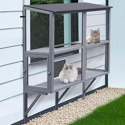 beeNbkks Cat Catio, 2-Tier Window Box Enclosure for Multiple Indoor Cats, Expandable Wooden Pet Perch House, Secure Comfortable Outdoor Haven, All Weather Use, Nature-Friendly Design