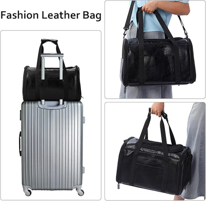 Fashion Leather Dog Carrier Cat Carrier Airline Approved Pet Carrier for Small Medium Dogs Cats Under 15Lbs, Collapsible Soft Sided Travel Puppy Carrier