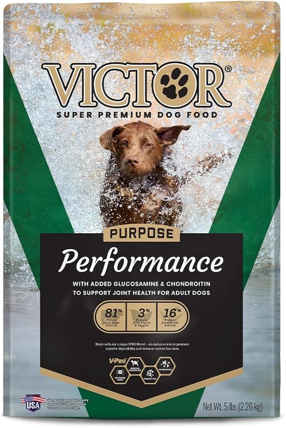 VICTOR Super Premium Dog Food  Performance Dry Dog Food  26% Protein for Active Adult Dogs  Includes Glucosamine and Chondroitin for Hip and Joint Health, 5lbs