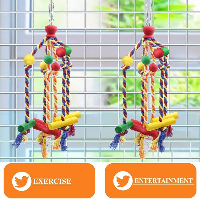 2 Pack Dangly Rope Bird Toys, Parakeet & Conure Toys with Multicolored Natural Wood, Chewing Toy Hanging Bird Cage Accessories for Parakeet Conure Cockatiel Parrot Lovebird