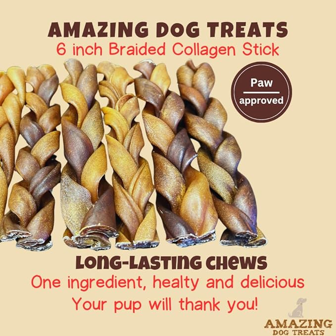 Amazing Dog Treats - 6 Inch Braided Collagen Sticks for Dogs - (10 Count) - Collagen Bully Sticks for Dogs