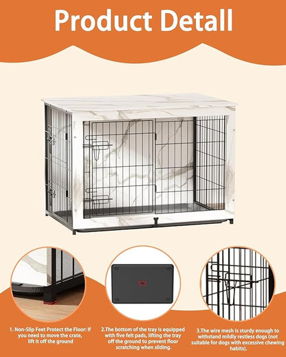 Megidok Wooden Dog Crate Furniture with Cushion, Dog Crate End Table with Tray, Double Doors Dog Crate Furniture Style, Decorative Dog Kennels Indoor for Small to Medium Dog-Marble White, 32*22*26.5