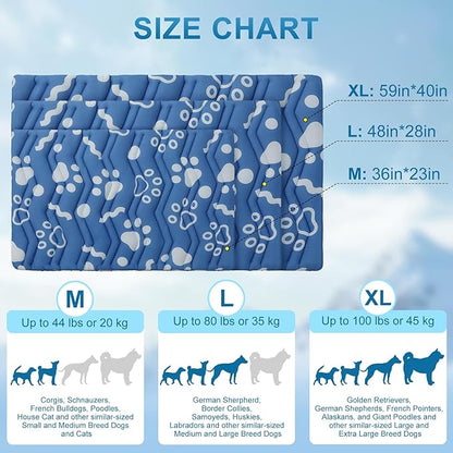 BEAUTYZOO Dog Cooling Mat- Upgraded Thicken Cooling Mat for Large Dogs Reversible(Cool & Warm) Pet Ice Cool Bed Washable & Portable, Summer Crate Pad for Big Dog Puppy Up to 44 lbs, Paw Blue 36X23IN