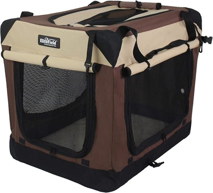 EliteField 4-Door Folding Soft Dog Crate with Curtains, Carrying Bag and Fleece Bed (2 Year Warranty), Indoor & Outdoor Pet Home (30" L x 21" W x 24" H, Brown+Beige)