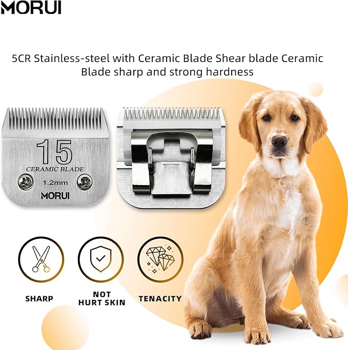 15 Cut Length 3/64"(1.2mm) Detachable Ceramic Pet Dog Clipper Blades Compatible with Most Andis,Oster A5 Wahl KM Series Clippers