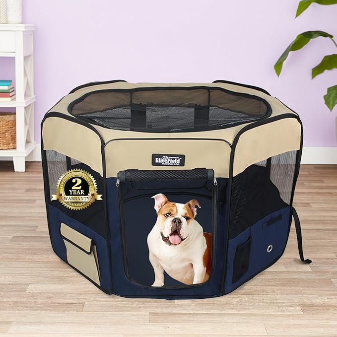 EliteField 2-Door Soft Pet Playpen (2 Year Warranty), Exercise Pen, Multiple Sizes and Colors Available for Dogs, Cats and Other Pets (52" x 52" x 32"H, Beige+Navy Blue)