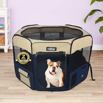 EliteField 2-Door Soft Pet Playpen (2 Year Warranty), Exercise Pen, Multiple Sizes and Colors Available for Dogs, Cats and Other Pets (52" x 52" x 32"H, Beige+Navy Blue)