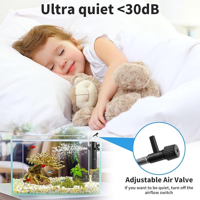Aquarium Filter, Fish Tank Filter 4-in-1 for 15-40 Gallon Tanks, Submersible Internal Filter with Wave-Maker, Oxygenation & Adjustable Air Flow for Freshwater/Saltwater/Turtle Tanks (8W)
