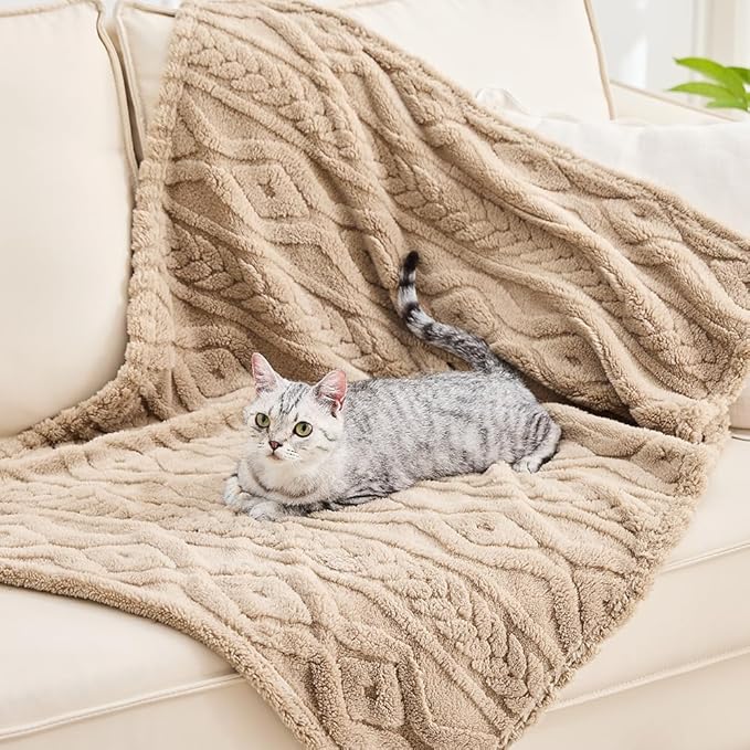 Qeils Jacquard Dog Blankets for Small Dogs, Cozy Calming Blanket for Indoor Cats, 280GSM Coral Fleece Plush Fluffy Throw Blanket, Taupe Boho, 25x30IN