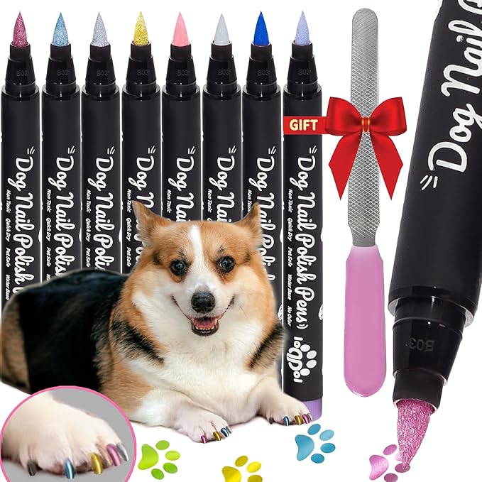 8 Metallic & Matte Colors Dog Nail Polish Pens Quick Dry with Dog Nail File, Non Toxic Glitter Dog Safe Nail Polish, Easy to Apply Pet Safe Accessories for Small and Large Puppies