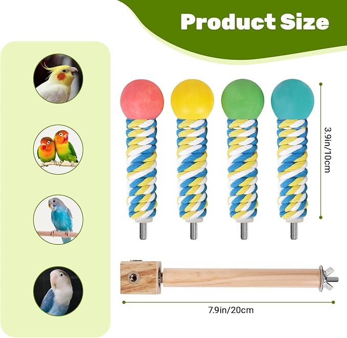 Bird Perch Toy, Parrot 360° Interactive Rotating Toy for Parakeets - Natural Wood & Cotton Rope, Detachable Interactive Bird Toy, Chewable Design Reduces Boredom Anxiety for Small Birds