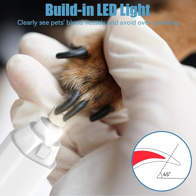 Dog Nail Grinder, Dog Nail Trimmers and Clippers Kit, 5 Speeds Nail Grinder for Dogs, Rechargeable Dog Nail Grinder with LED Light, Nail Grinder for Dogs Quiet, Nail Trimmer Nail Grinder for Dogs Cats