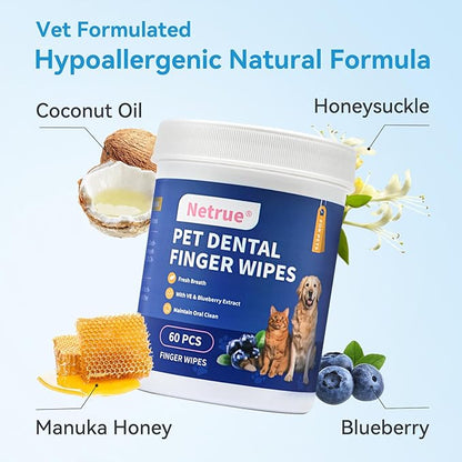 Netrue Dog Teeth Cleaning Wipes, Dog Dental Cleaning Finger Wipes for Dogs Teeth，Dog Tooth Wipes- Reduces Plaque & Freshens Breath (60 Count)