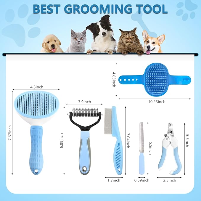 Dog Brush Dog Grooming Kit 6PCS Dog Brush for Shedding-Dog Brushes for Grooming, Dematting Comb for Dogs, Cat & Dog Nail Clipper with Nail File, Flea Comb, Dog Bath Brush-Blue