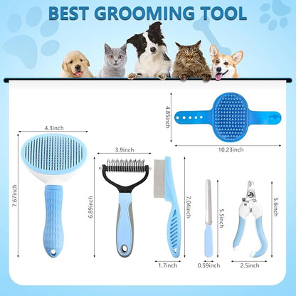 Dog Brush Dog Grooming Kit 6PCS Dog Brush for Shedding-Dog Brushes for Grooming, Dematting Comb for Dogs, Cat & Dog Nail Clipper with Nail File, Flea Comb, Dog Bath Brush-Blue