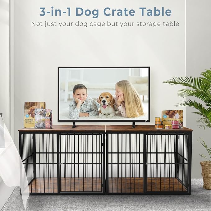 86.62''Dog Crate Furniture Large Breed TV Stand with Double Rooms,Wooden Dog Kennel Dog Crate End Table with Removable Divider for Large Medium Dogs, Can Use Separately, Brown