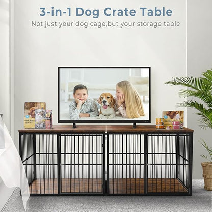 86.62''Dog Crate Furniture Large Breed TV Stand with Double Rooms,Wooden Dog Kennel Dog Crate End Table with Removable Divider for Large Medium Dogs, Can Use Separately, Brown
