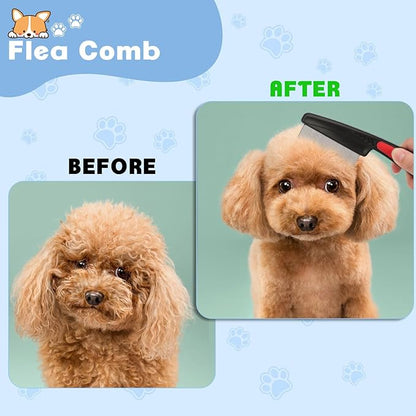 2PCS Flea Comb-Pet Knotting Comb, Tick Comb for Long Haired Pets- Remove Clumps Stainless Fine Tooth Dog Eye Comb Tear Stain Comb for Small Dogs Cat Pet Grooming Comb
