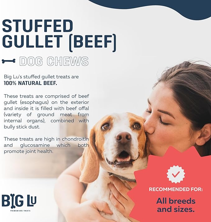 Big Lu - 6-Inch Stuffed Gullet Sticks, 20 Count, Premium Beef Dog Treats, All-Natural, High-Protein, Easily Digestible Chews for Dogs, Supports Dental Health and Joint Mobility