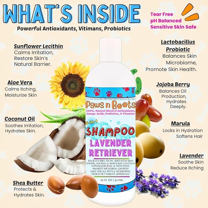 6-in-1 Dog Shampoo - Fast Relief for Allergies, Dry, Itchy, Skin. Premium & Beneficial Ingredients to Repair and Nourish The Skin/Coat. 100% Natural, Organic, Plant-Based, Lavender-Retriever