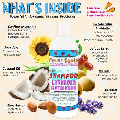 6-in-1 Dog Shampoo - Fast Relief for Allergies, Dry, Itchy, Skin. Premium & Beneficial Ingredients to Repair and Nourish The Skin/Coat. 100% Natural, Organic, Plant-Based, Lavender-Retriever