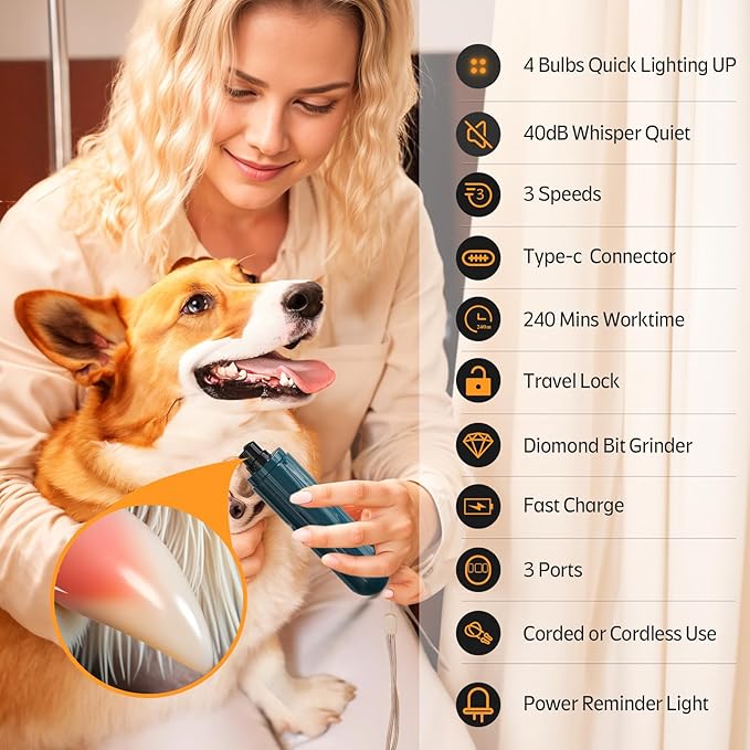 YABIFE 4-Lights Dog Nail Grinder, Easy Quick Locate Dog Nail Trimmers, for Puppy Paw Toenails or Pets from Small, Medium to Large, with Travel Lock, Whisper Quiet, Heavy Duty 3 Speeds