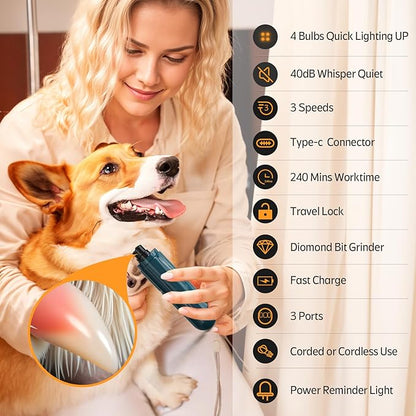YABIFE 4-Lights Dog Nail Grinder, Easy Quick Locate Dog Nail Trimmers, for Puppy Paw Toenails or Pets from Small, Medium to Large, with Travel Lock, Whisper Quiet, Heavy Duty 3 Speeds