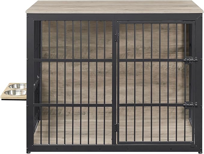 Dog Crate Furniture, 48 Inch Dog Kennel Furniture, Wooden _og Crate Furniture Large Breed with Rotating _og Bowls, Heavy Duty _og Cage Furniture Indoor,Decorative Dogs Crates End Table,Gray