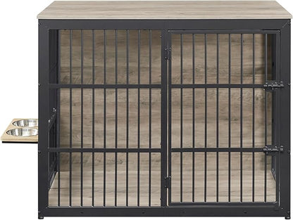 Dog Crate Furniture, 48 Inch Dog Kennel Furniture, Wooden _og Crate Furniture Large Breed with Rotating _og Bowls, Heavy Duty _og Cage Furniture Indoor,Decorative Dogs Crates End Table,Gray