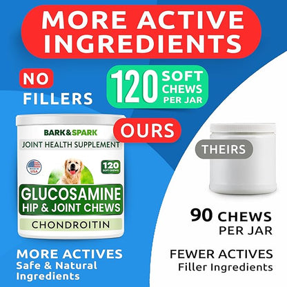 BARK&SPARK Glucosamine Chondroitin Dog Hip & Joint Supplement - Joint Pain Relief - Hip & Joint Chews - Joint Support Large & Small Breed - Senior Doggie Vitamin Pills Joint Health (120 Treats)