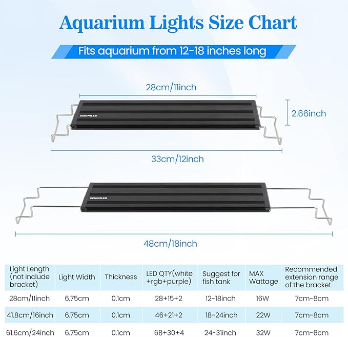 Full Spectrum Aquarium Light: Fish Tank Light with APP & Remote Timer Control for Aquatic Pet Plants Lovers - 11In Extendable Fish Tank Lights for 5-10 Gallon Freshwater Saltwater Aquarium