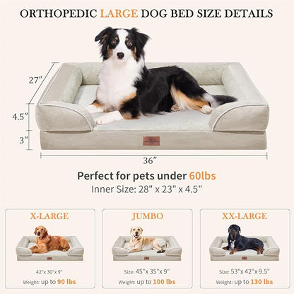 Waterproof Dog Beds for Large Breed Dogs, Large Dog Beds Orthopedic Foam, Comfy Pet Bed Sofa with Washable Removable Cover & Non-Slip Bottom(Large,Beige)