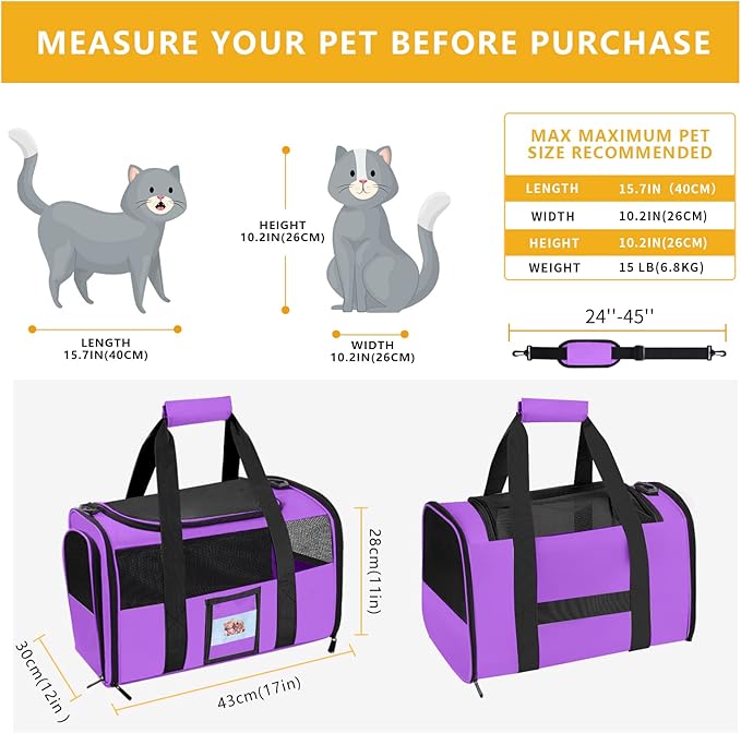 Cat Carrier Pet Carriers Airline Approved for Small Dogs Kitten Carrier for Small Medium Animals Under 15lb, Collapsible Soft Sided Travel Carrier, Purple