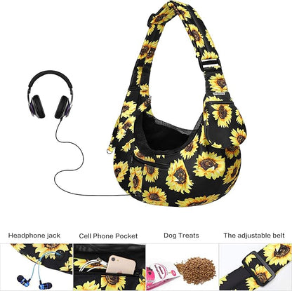 MOSISO Dog Cat Carrier Sling Bag, Small Pet Carrier Sunflower Tote Bag Hands Free Adjustable Padded Strap Breathable Polyester Soft Carrying Travel Shoulder Bag with Front Pocket for Dogs Cats, Black