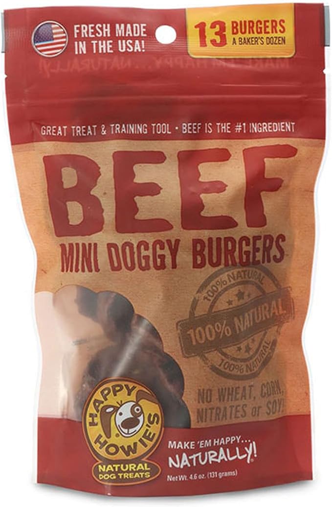 Happy Howie's Natural Dog Treats - Healthy Dog Treats Made in The USA, Made with Real Beef & Natural Ingredients, Hormone Free, Long Lasting & Chewy - Mini Doggy Beef Burger (13 Patties, 1 Pack)