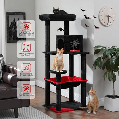 PETEPELA 56.3" Gothic Cat Tree for Indoor Cats, Tall Cat Tower with Super Large Hammock (20"X16"), Sisal Covered Scratching Posts, Cozy Condo and Top Perch Black