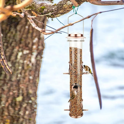 MIXXIDEA 2PK Metal Wild Bird Feeder Squirrel Proof for Outside Hanging - 6 Port Tube Transparent Finch Feeder With Steel Hanger (Antique Copper)