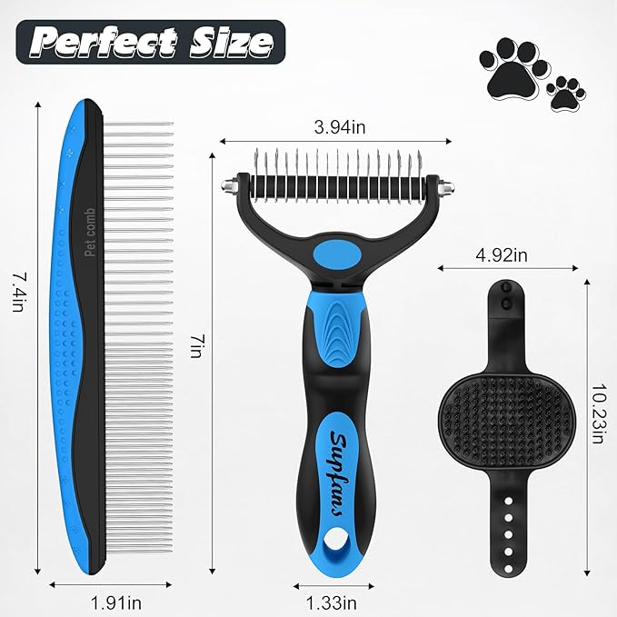 3PCS Dog Grooming Kit I Dog Brush for Shedding I Deshedding Dog Brush I Metal Dog Comb I Dog Bath Brush I Undercoat Rake for Dogs and Cats I Premium Pet Supplies (Blue Black)