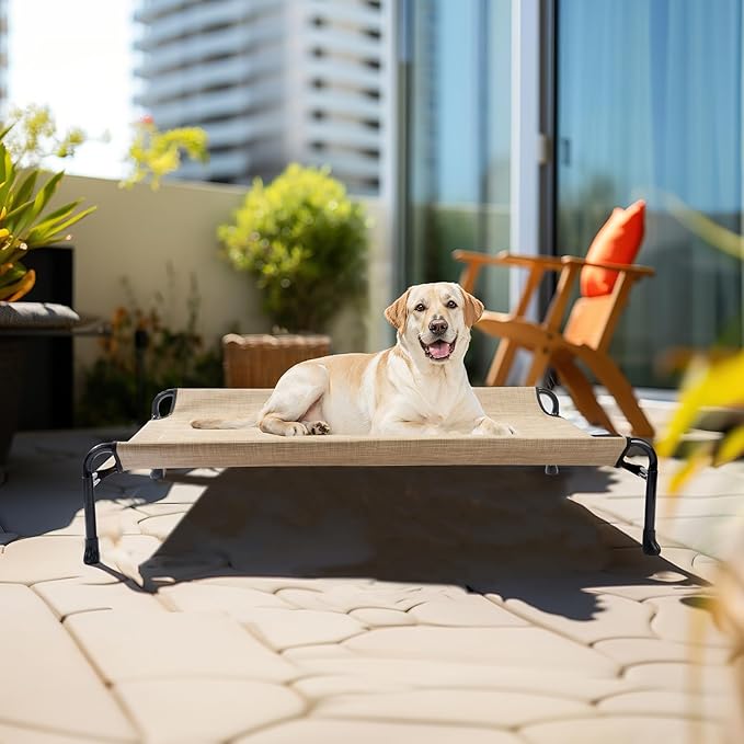 Veehoo Cooling Elevated Dog Bed, Raised Dog Beds for Large Dogs, Outdoor Dog Bed with Guardrail, Upgraded Non-Slip Feet, Breathable Teslin Mesh, Portable Camping Dog Cot, 41 x 27 Inches, Beige Coffee