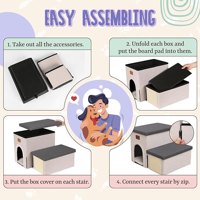 downluxe Dog Stairs for Small Dogs, Foldable Dog Steps for Bed, Sofa and Chair, Non-Slip Pet Steps with Cat Scratcher and Condo (2-Step Pet Stairs, Grey-Beige)