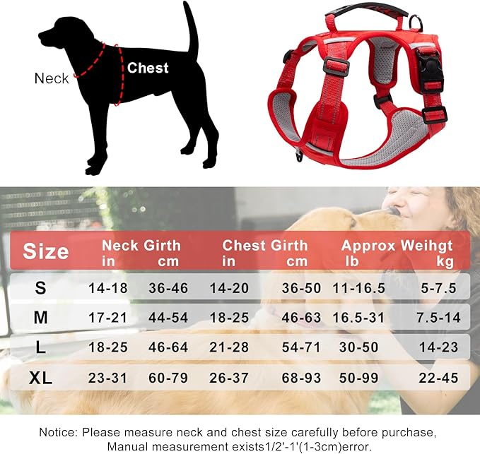 Dog Harness with Soft Handle, Adjustable and Breathable Dog Harness for Large Dogs No Pull, Reflective No Choke Dog Vest Harness, Easy to Put On Take Off(Red, L)