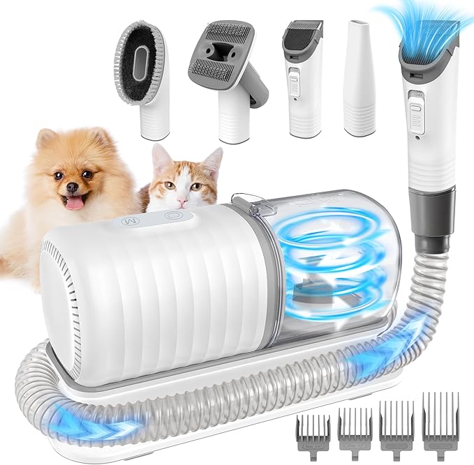 Dog Grooming Kit, Pet Grooming Vacuum with Electric Clipper & 4 Combs, Pet Hair Grooming Shedding Brush, Cleaning and Crevice Tool with 1.5 L Dust Cup Dog Hair Vacuum Home Clean