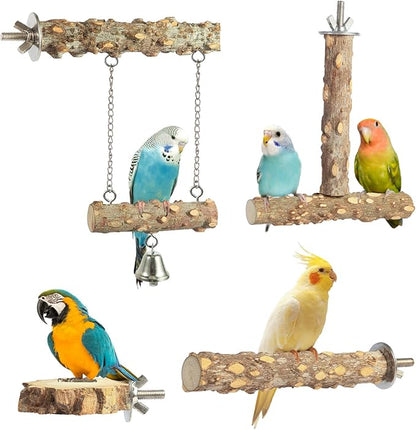 Bird Perches,4pcs Natural Wood Birds Stand Branch, Bird Perch Chewing Stick Cage Accessories Parrot Climbing Standing Branches Paw Grinding Fork Sets for Parakeet Lovebirds Cockatiels Conure Budgies