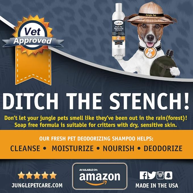 Jungle Pet Deodorizing Dog Shampoo for Smelly Dogs - Grooming & Cleansing Pet Shampoo for Dogs with Hypoallergenic Essential Fatty Acids - Soap, Sulfate & Paraben Free - Sweet Pea Vanilla Scent, 16 oz